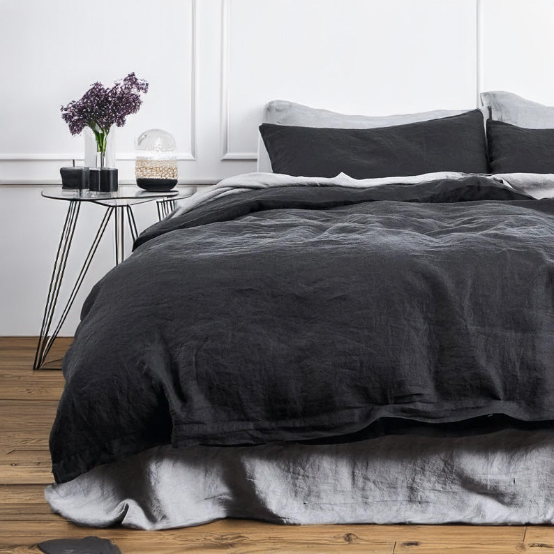 Charcoal Black - 100% Pure Linen | Linen Cotton Mix | 3 Piece Duvet Cover Set | 4 Piece Sheet Set | Handmade | Pre-washed | Soft-0