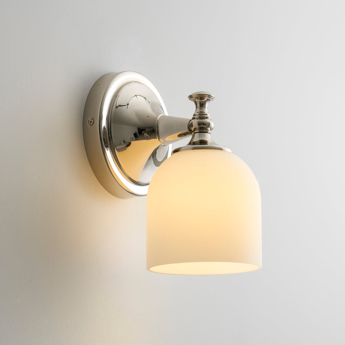 Vanity Glow Series | Brass Short Arm Wall Sconce with Milk Glass Dome for Bathroom