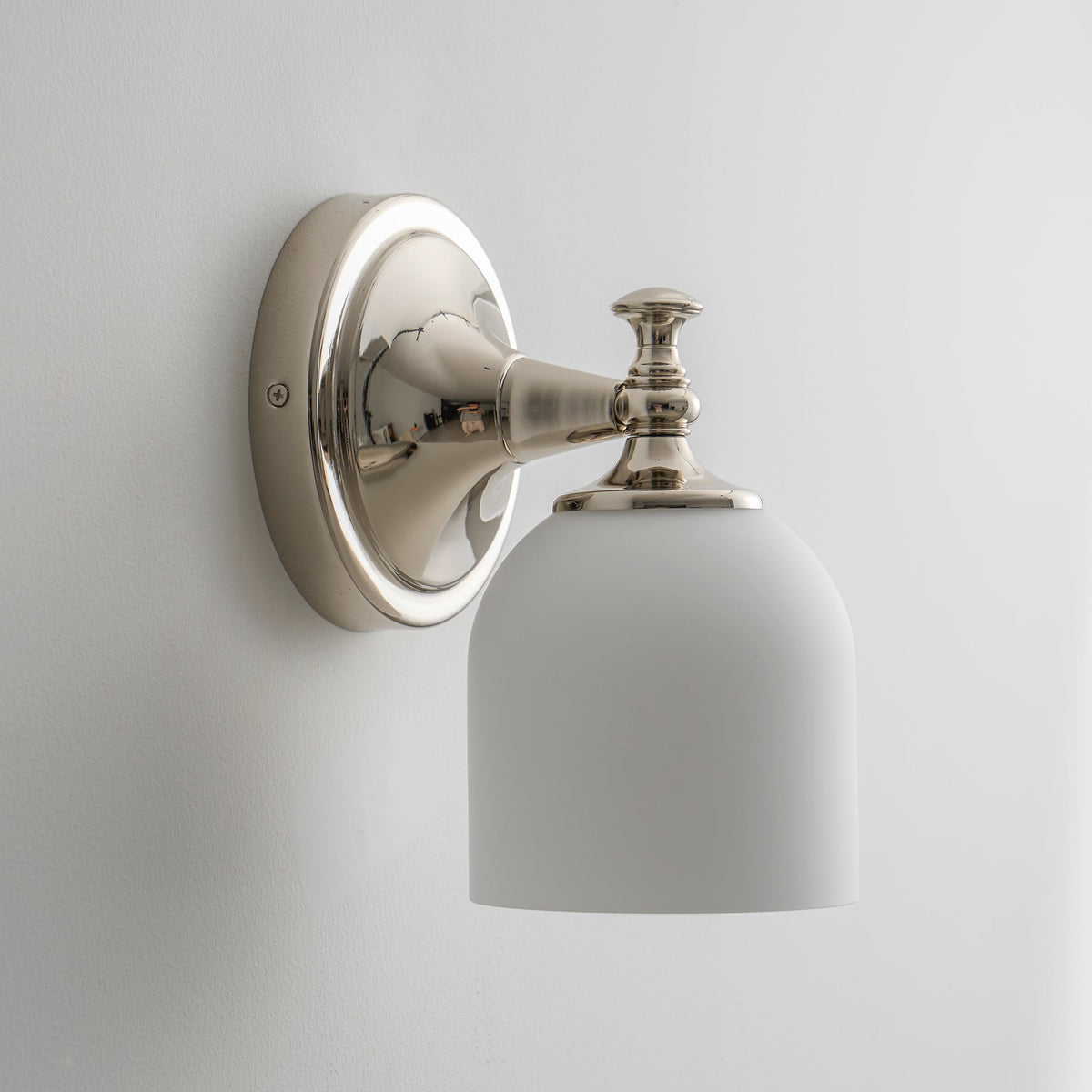 Vanity Glow Series | Brass Short Arm Wall Sconce with Milk Glass Dome for Bathroom