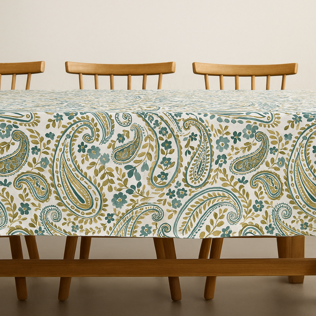 Organic Linen Paisley Tablecloth – White Teal, White Sand, Ivory Multi, Beige Navy, Mineral Red – Rectangular, Square & Round Sizes-1
