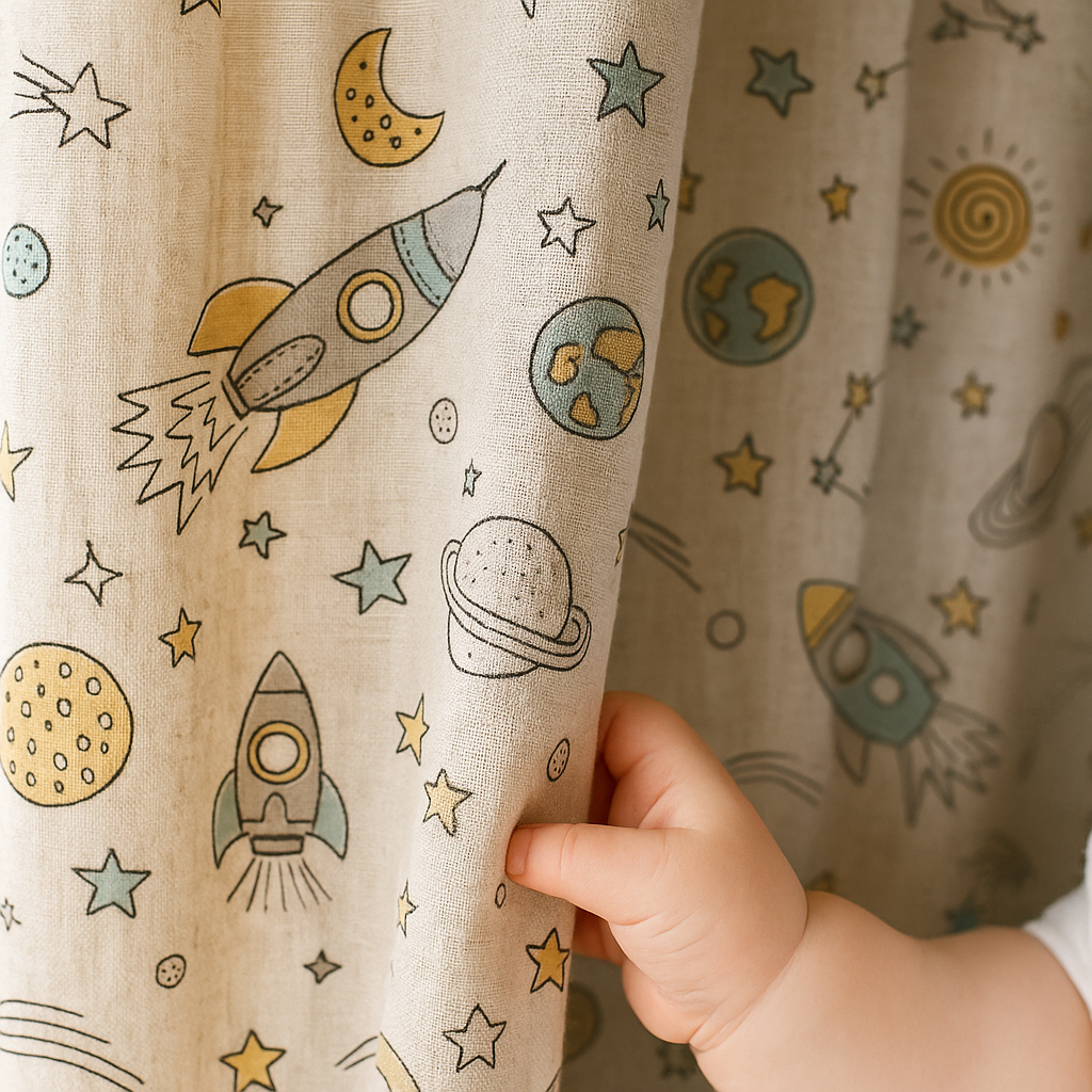 Space Rocket Organic Linen Kids Curtains – Made-to-Measure, Blackout or Light-Filtering-0