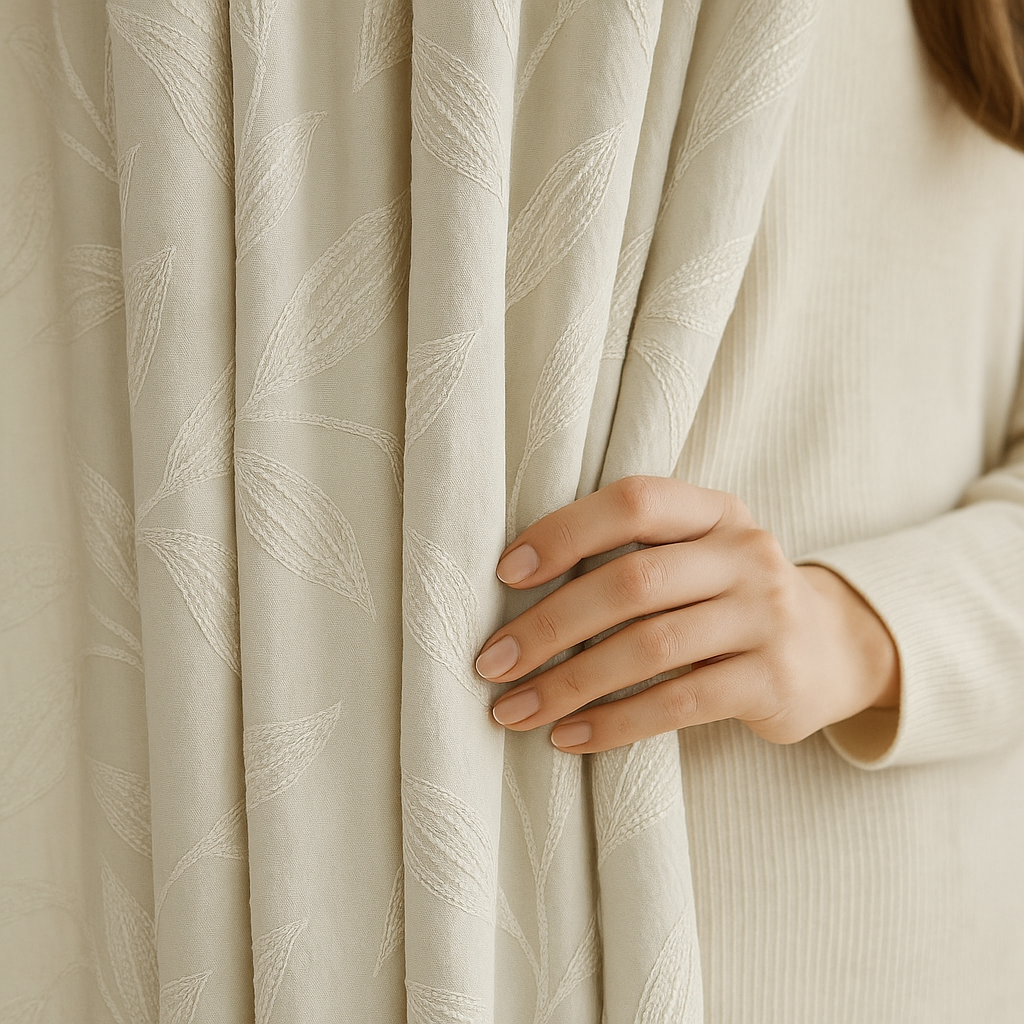 Luxury Linen Jacquard Curtains with Raised Leaf Pattern | Light-Filtering or Blackout Options | Custom Sizes-0