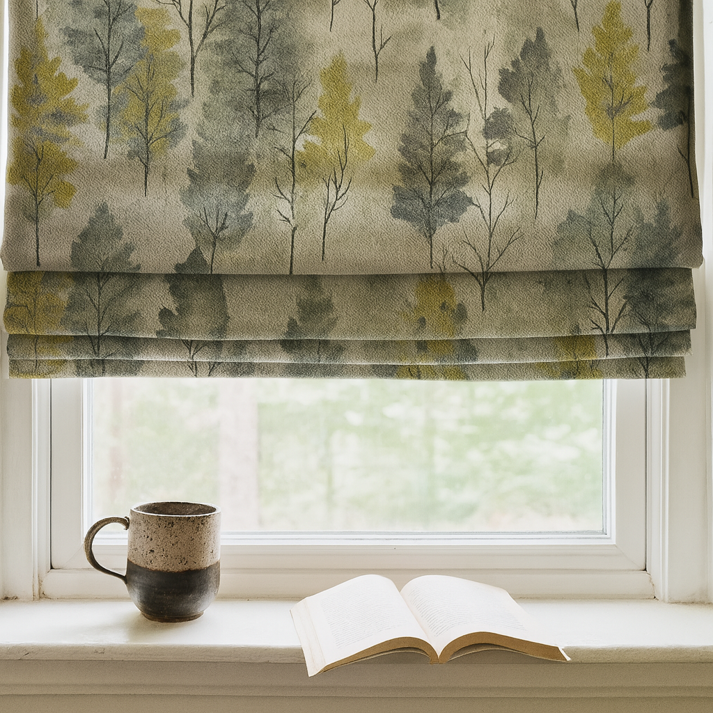 Custom Linen Roman Blinds – Watercolour Woodland Trees Print | Made-to-Measure Blackout or Light-Filtering Corded Shades-0