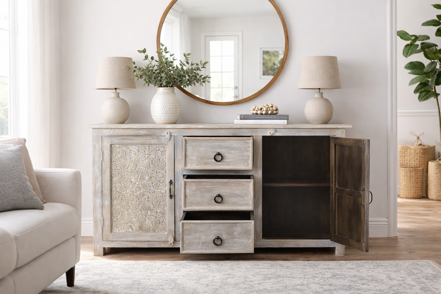 Timbergirl Hand-carved Antique Finish 2-door Sideboard Cabinet