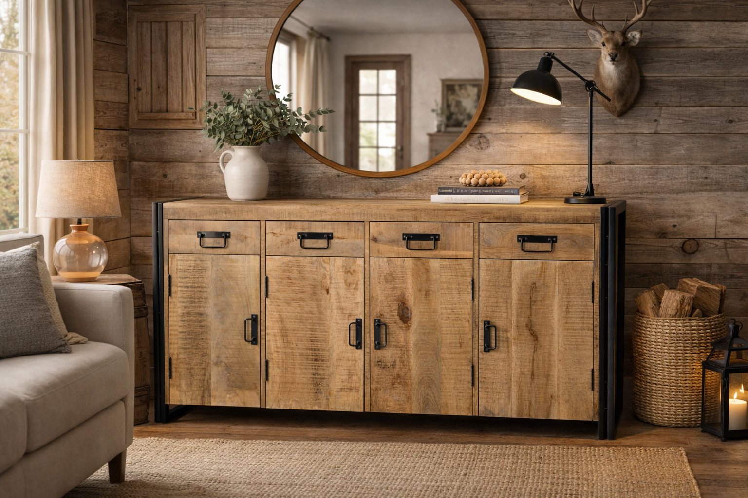 Industrial Reclaimed Wood 4 Door 4 Drawer Sideboard