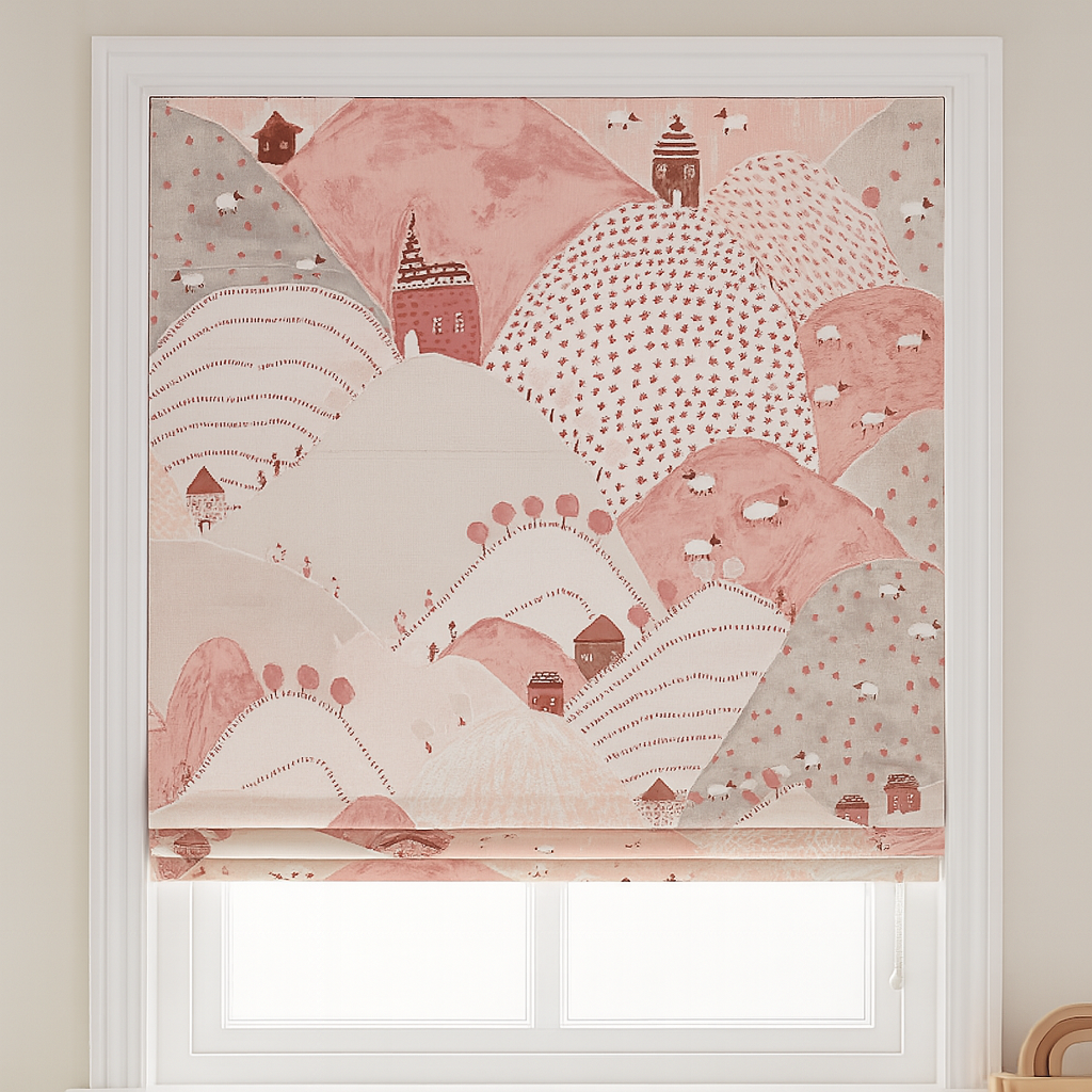 Pure Linen Roman Blinds for Kids’ Rooms & Nurseries – Custom Corded | Mountains & Sheep Print | Light-Filtering or 100 % Blackout | 5 Colourways-0