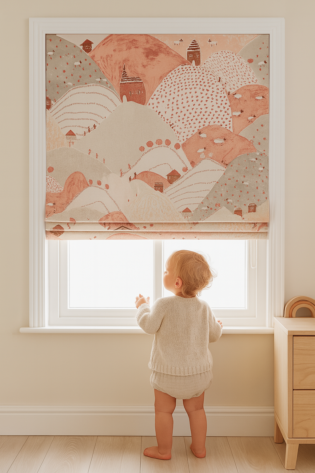Pure Linen Roman Blinds for Kids’ Rooms & Nurseries – Custom Corded | Mountains & Sheep Print | Light-Filtering or 100 % Blackout | 5 Colourways-3