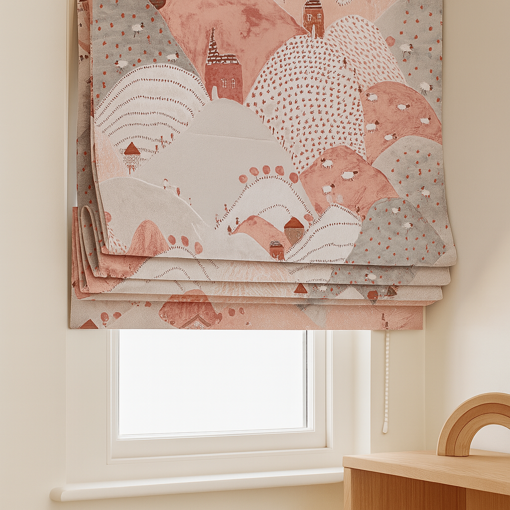 Pure Linen Roman Blinds for Kids’ Rooms & Nurseries – Custom Corded | Mountains & Sheep Print | Light-Filtering or 100 % Blackout | 5 Colourways-1
