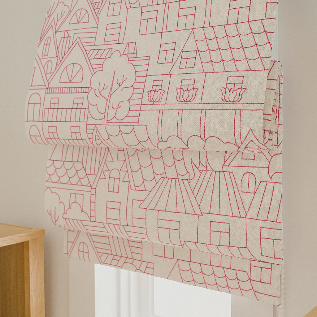Custom Pure Linen Roman Blinds for Kids’ Rooms & Nurseries – Village-Sketch Embroidery in 4 Colorways – Made-to-Measure UK | Blackout or Light-Filtering-4