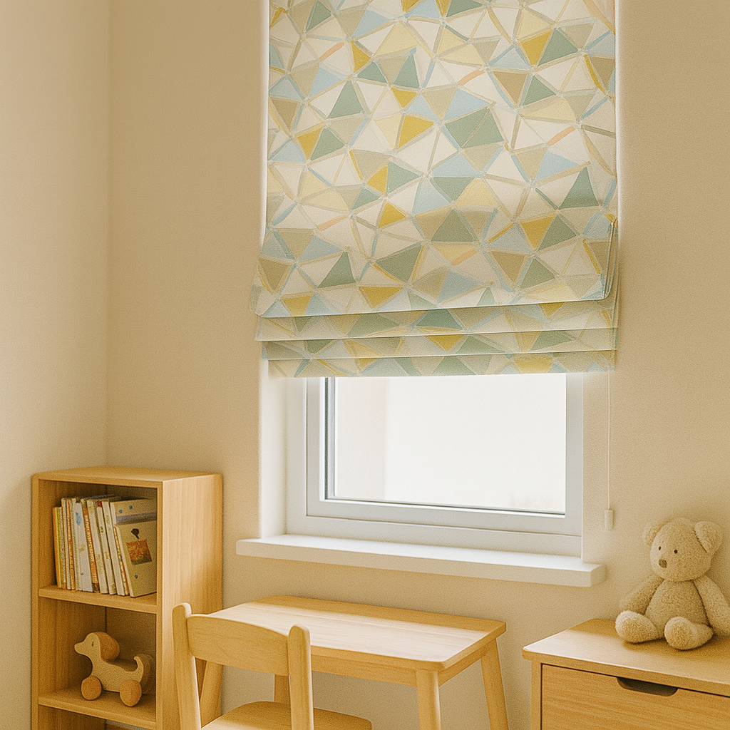 Custom Geometric Mosaic Linen Roman Blinds for Kids & Nursery – Made-to-Measure UK | Blackout or Light-Filtering-4