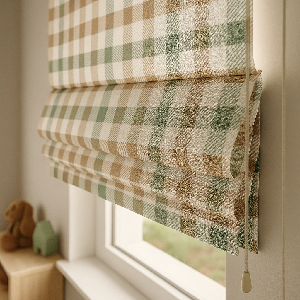 Custom Pastel Plaid Linen Roman Blinds for Kids & Nursery – Gingham Check Pattern – Made-to-Measure UK | Blackout or Light-Filtering-3
