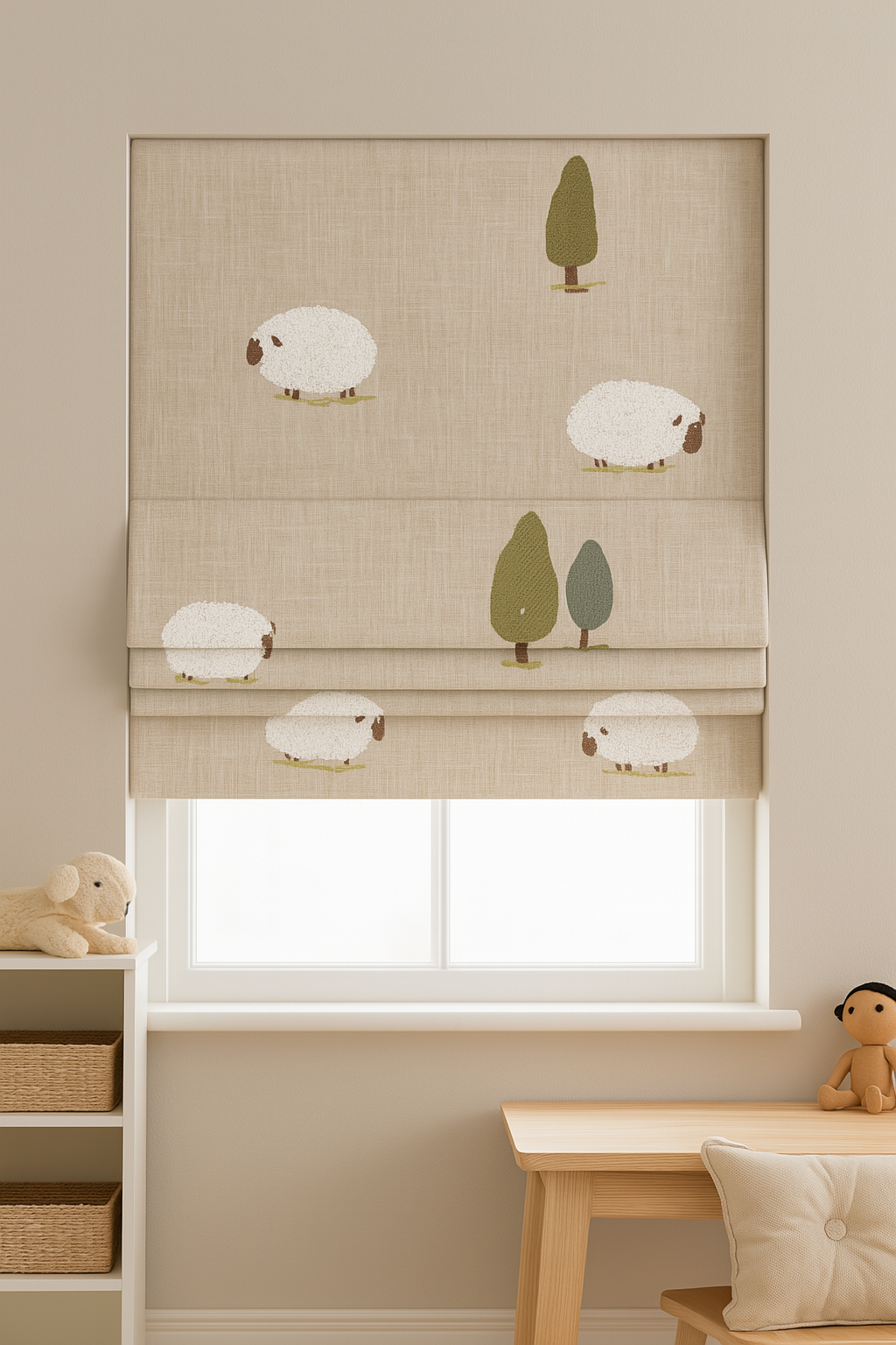 Little Lambs Beige Linen Roman Blind – Made-to-Measure Kids & Nursery | Light-Filter or Blackout-4