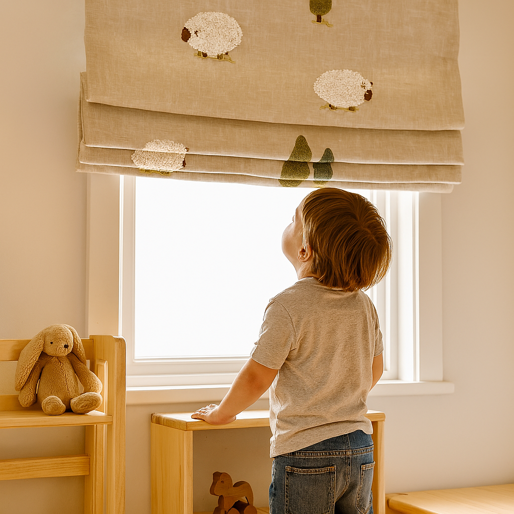 Little Lambs Beige Linen Roman Blind – Made-to-Measure Kids & Nursery | Light-Filter or Blackout-3