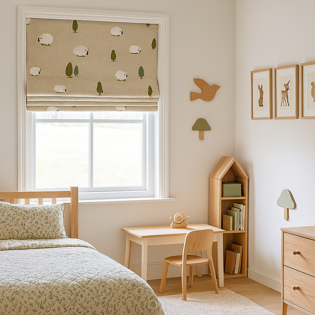 Little Lambs Beige Linen Roman Blind – Made-to-Measure Kids & Nursery | Light-Filter or Blackout-2
