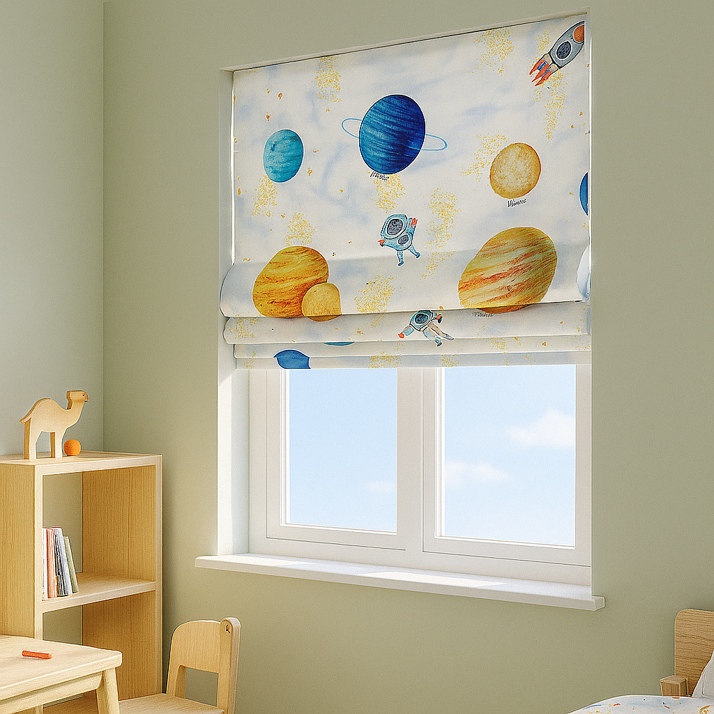 Solar System Adventure Pure Linen Roman Blind – Made-to-Measure Kids & Nursery | Light-Filter or Blackout-2