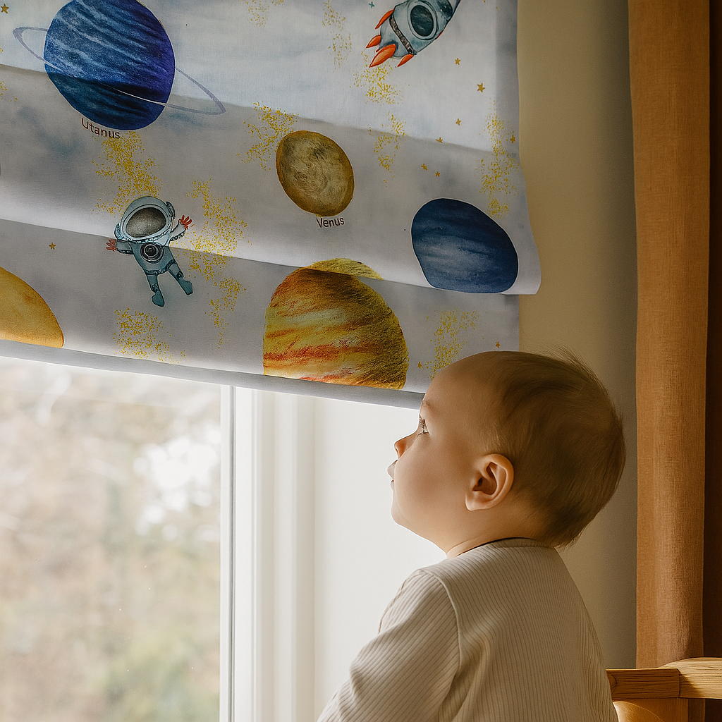 Solar System Adventure Pure Linen Roman Blind – Made-to-Measure Kids & Nursery | Light-Filter or Blackout-1