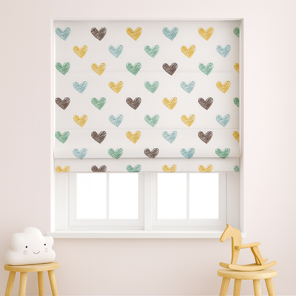 Scribble Hearts Pure Linen Roman Blind – 5 Colourways | Made-to-Measure Kids & Nursery | Light-Filter or Blackout-0