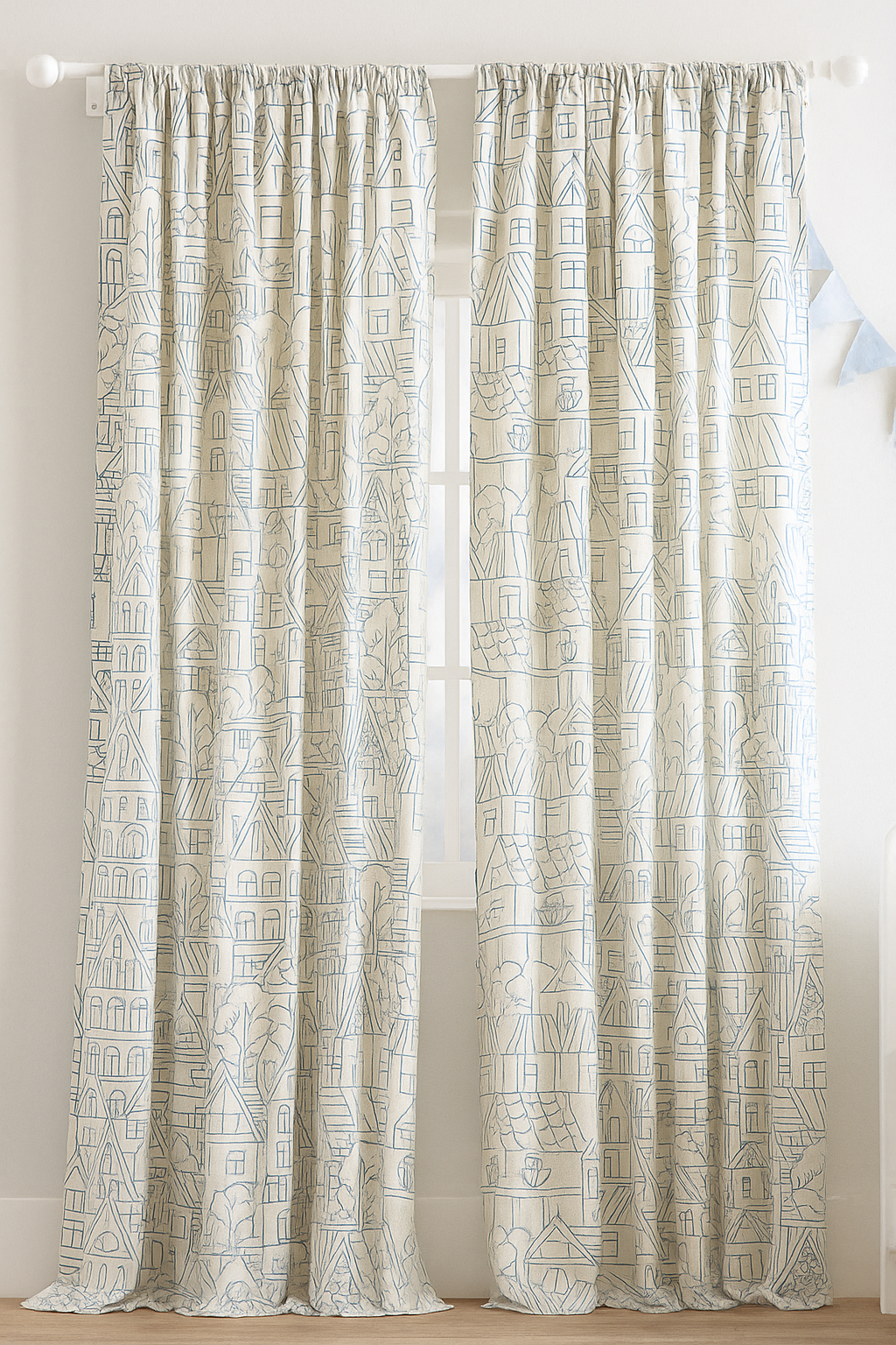 Embroidered Linen Curtains with Village House Pattern – 5 Colours – Blackout or Light Filtering Lined – Custom Sizes – Rod or Track Compatible-1