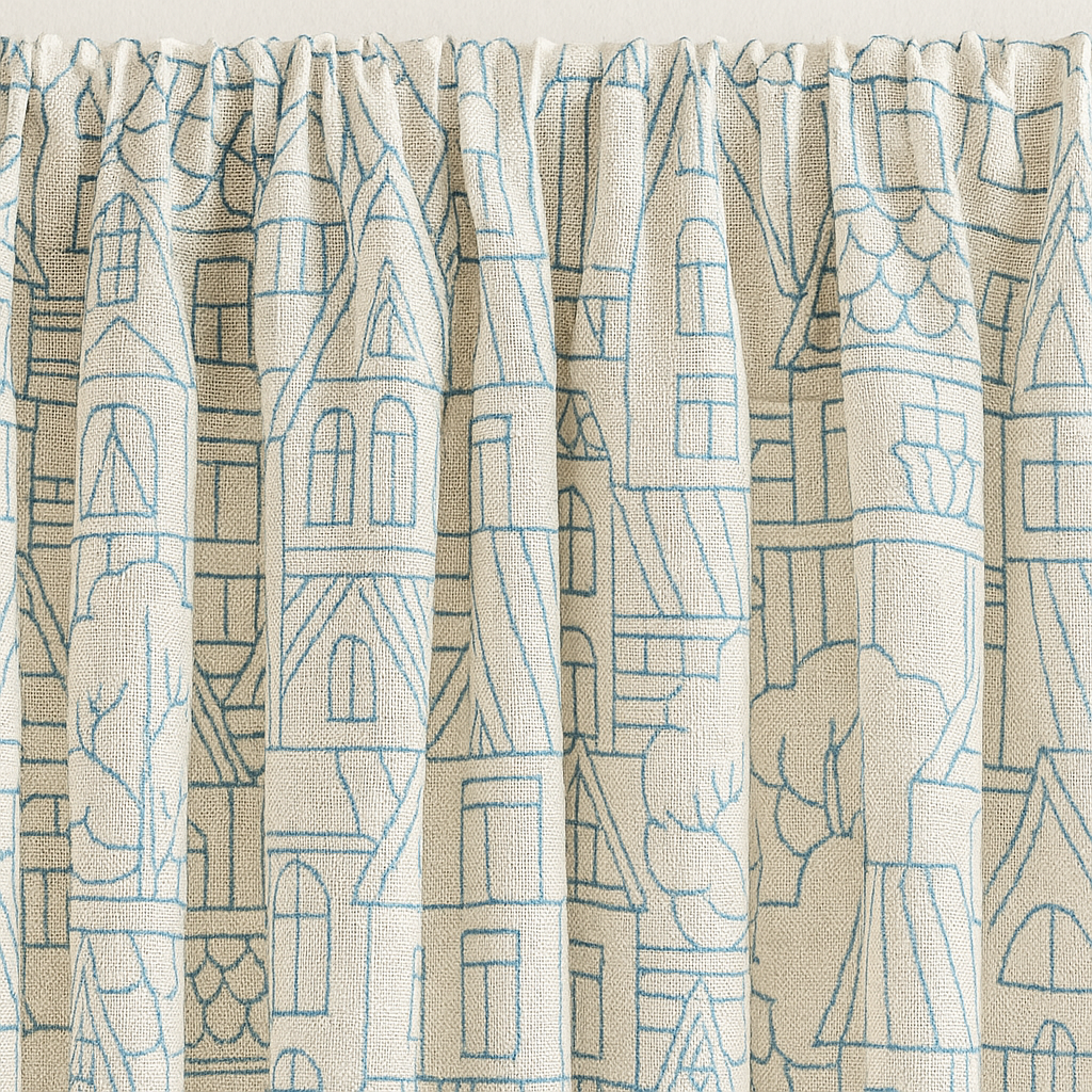 Embroidered Linen Curtains with Village House Pattern – 5 Colours – Blackout or Light Filtering Lined – Custom Sizes – Rod or Track Compatible-2