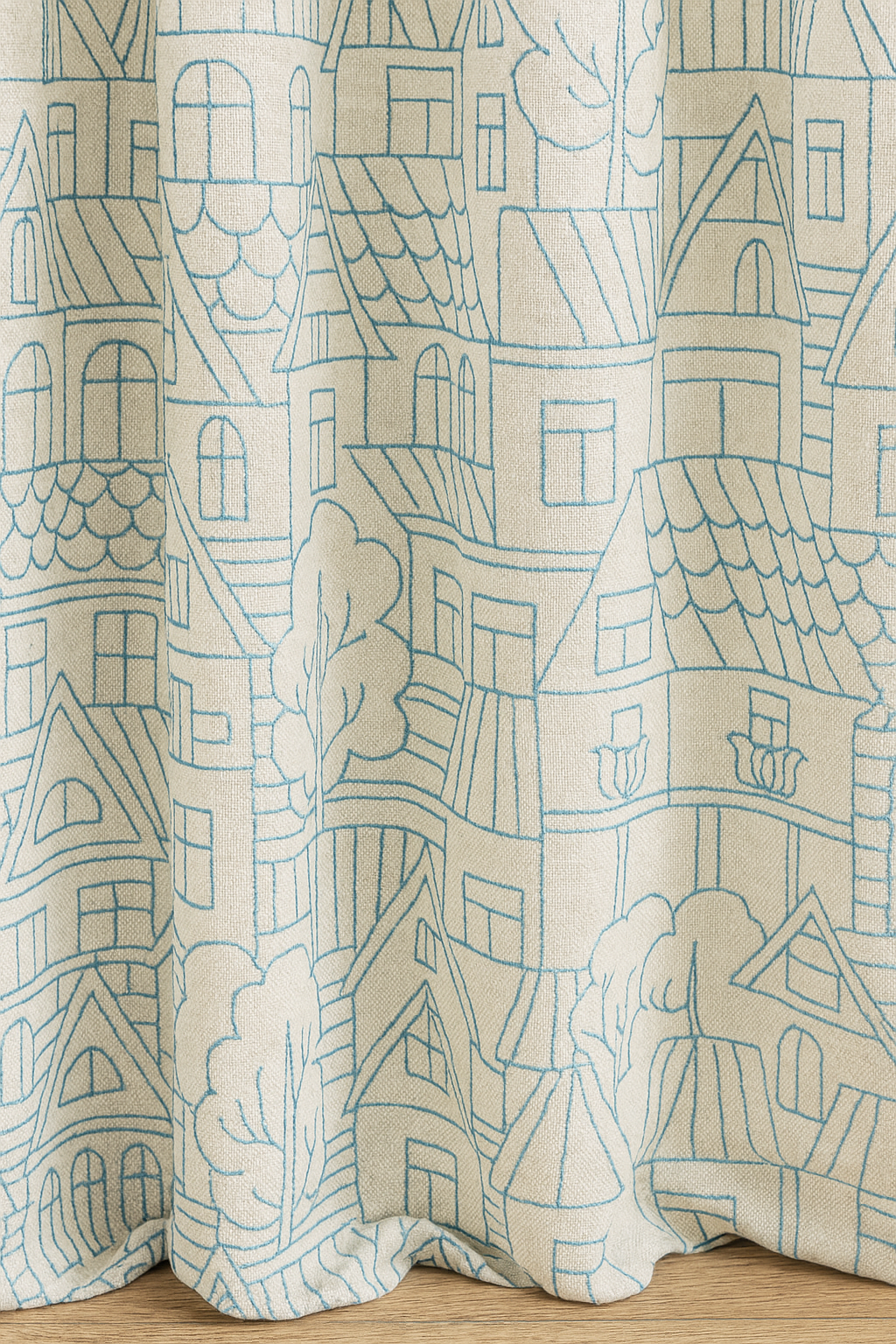 Embroidered Linen Curtains with Village House Pattern – 5 Colours – Blackout or Light Filtering Lined – Custom Sizes – Rod or Track Compatible-3