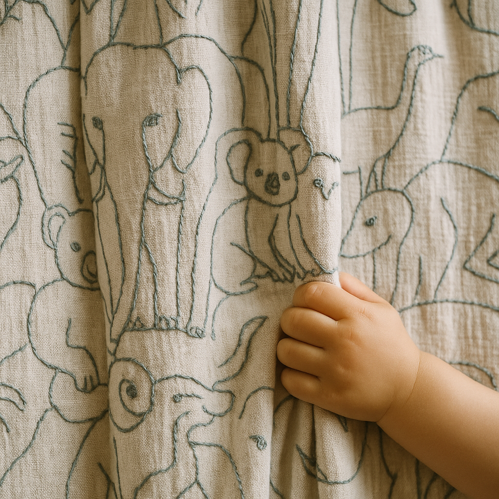 Embroidered Animal Linen Curtains for Kids Room – Custom Sizes – Blackout or Cotton Lined – Single or Pair-0