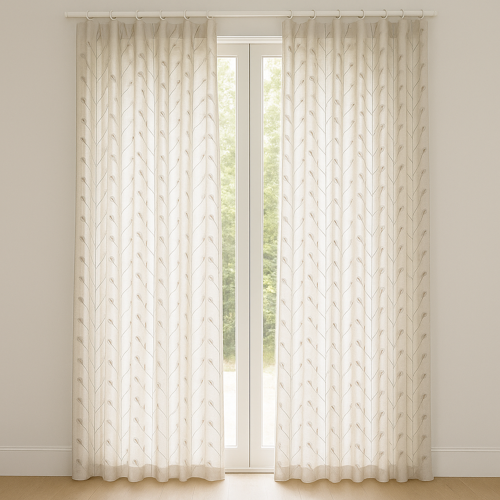 Luxury Linen Privacy Sheer Curtains with Embroidered Leaf Pattern – Custom Sizes – Oeko-Tex Certified – Ivory with Ash Grey, Green, Mist Blue, Black, Blue, Gold Embroidery-2