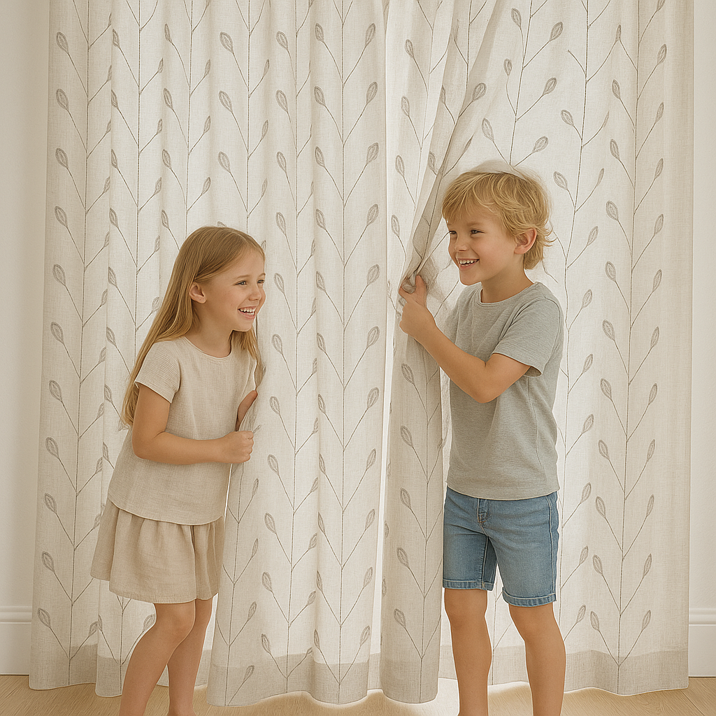 Luxury Linen Privacy Sheer Curtains with Embroidered Leaf Pattern – Custom Sizes – Oeko-Tex Certified – Ivory with Ash Grey, Green, Mist Blue, Black, Blue, Gold Embroidery-1