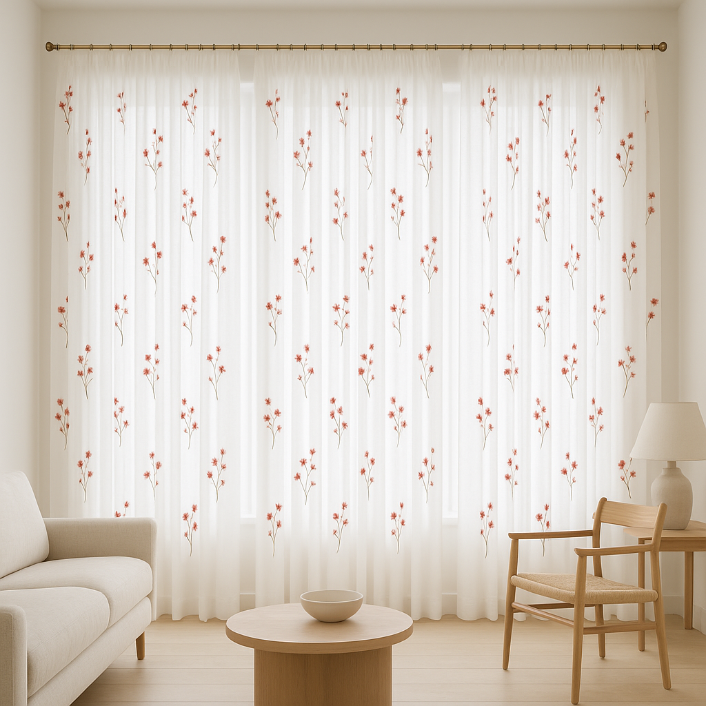 Embroidered Linen Sheer Curtains – Light Filtering – Blue, Red, Pink & Gold – Custom Sizes – Rod or Track Compatible-4