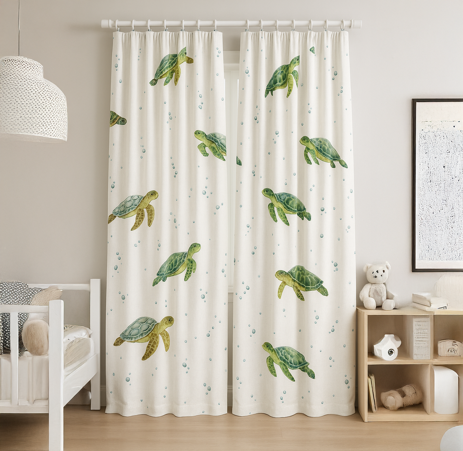 Sea Turtle Print Pure Linen Kids Curtains - Custom Sizes, Light Filtering or 100% Blackout Lining Options - Multiple Heading Styles - Made to Measure Curtains-2