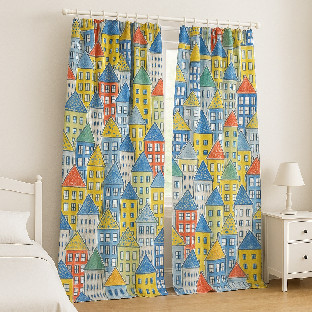 Kids Room Linen Blackout Curtains with Colourful City Print — Extra Wide & Long — Custom Sizes & Headings — Single or Pair — Light Filtering or 100% Blackout Lining-2