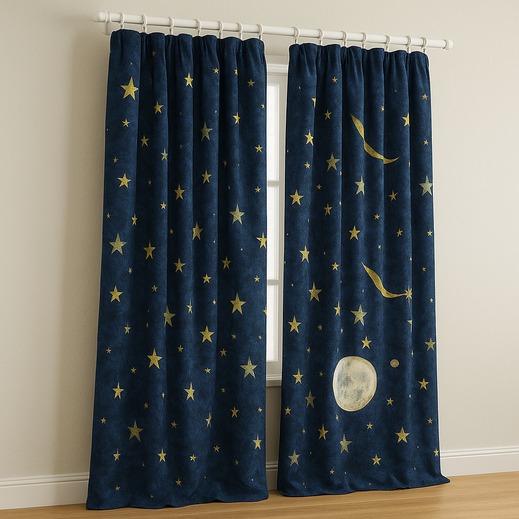 Celestial Stars & Moon Linen Curtains for Kids Room - Custom Sizes - Light Filtering or Blackout Liner - Single or Pair - Rod & Track Compatible-2
