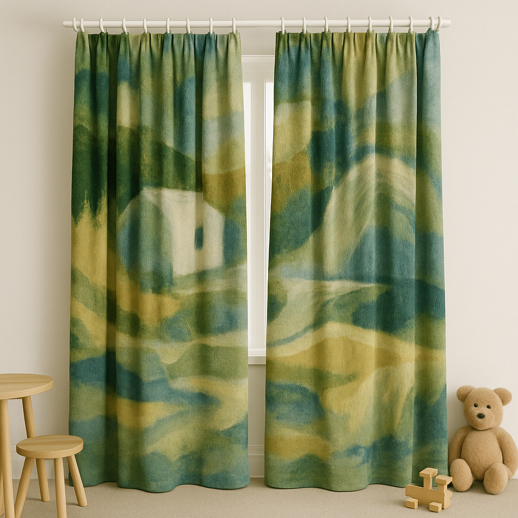Handmade Pure Linen Kids Curtains — Abstract Landscape Design — Custom Sizes — Light Filtering or 100% Blackout Lining — Rod & Track Compatible-2