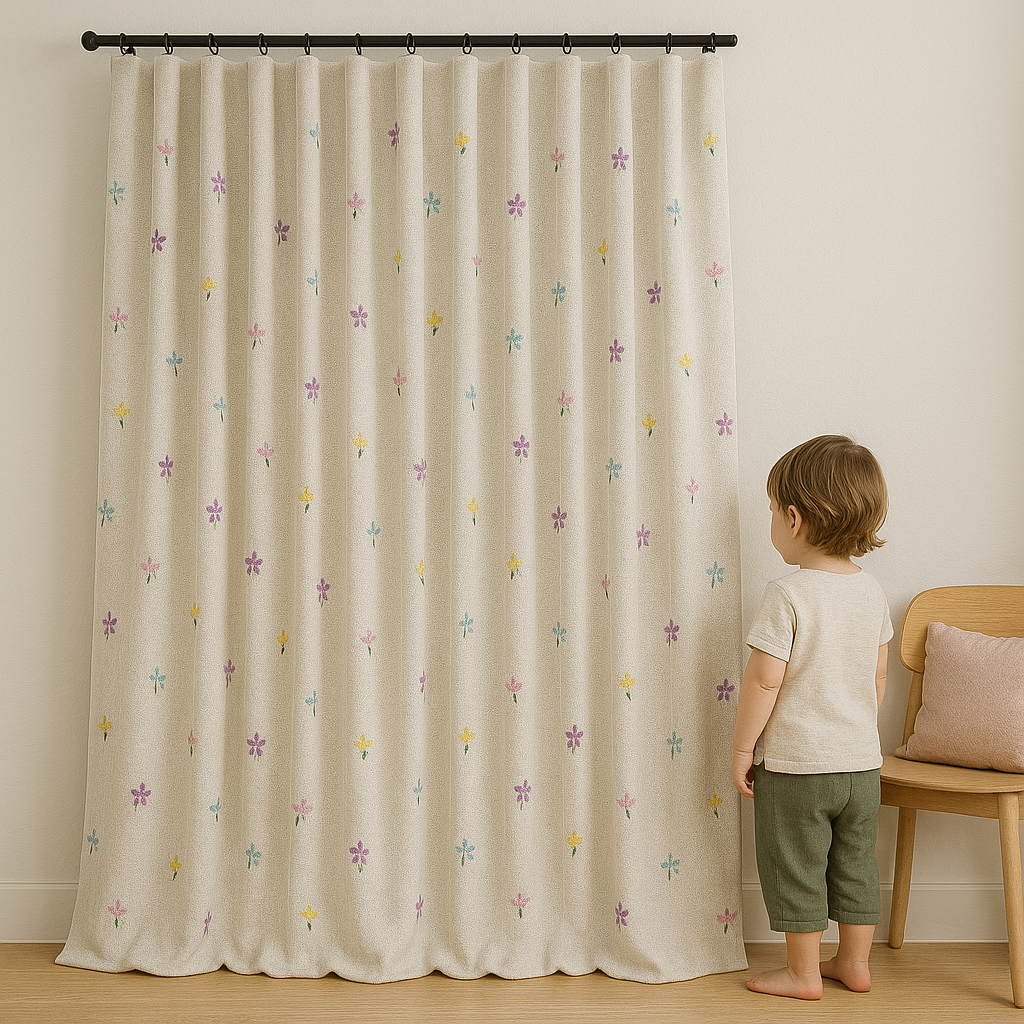 Embroidered Linen Curtains for Kids Room – Custom Size – Light Filtering or 100% Blackout Lining – Pastel Floral – Sold Single or Pair-3