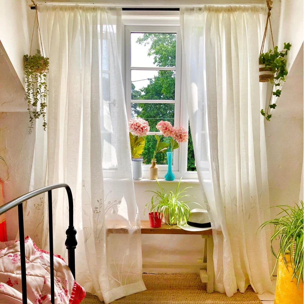Chole White Bottom Floral Embroidered Sheer Curtains