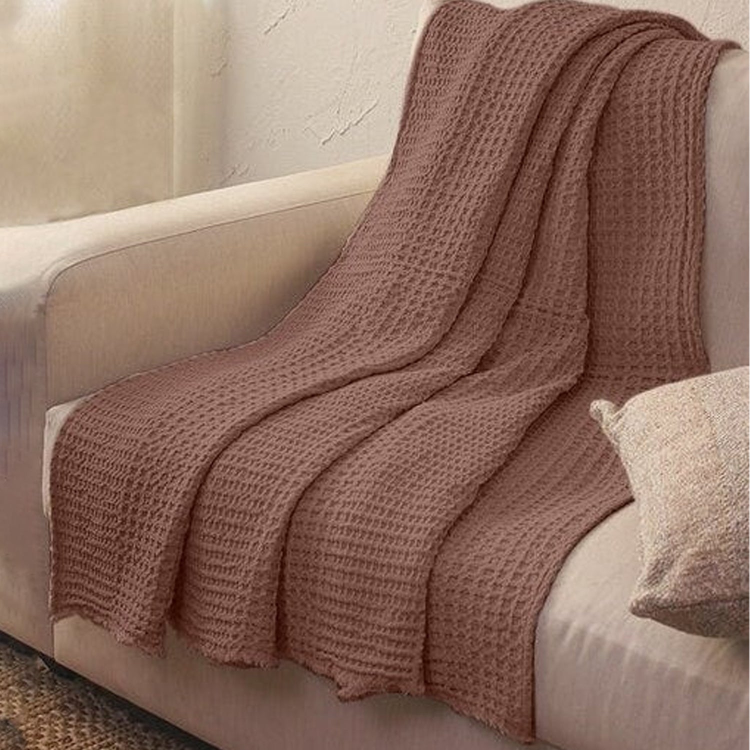 Clay - Waffle Weave Throw Blanket | Super Soft | Pre-Washed | Pure Linen, Linen Cotton Mix or Pure Cotton Fabric-0