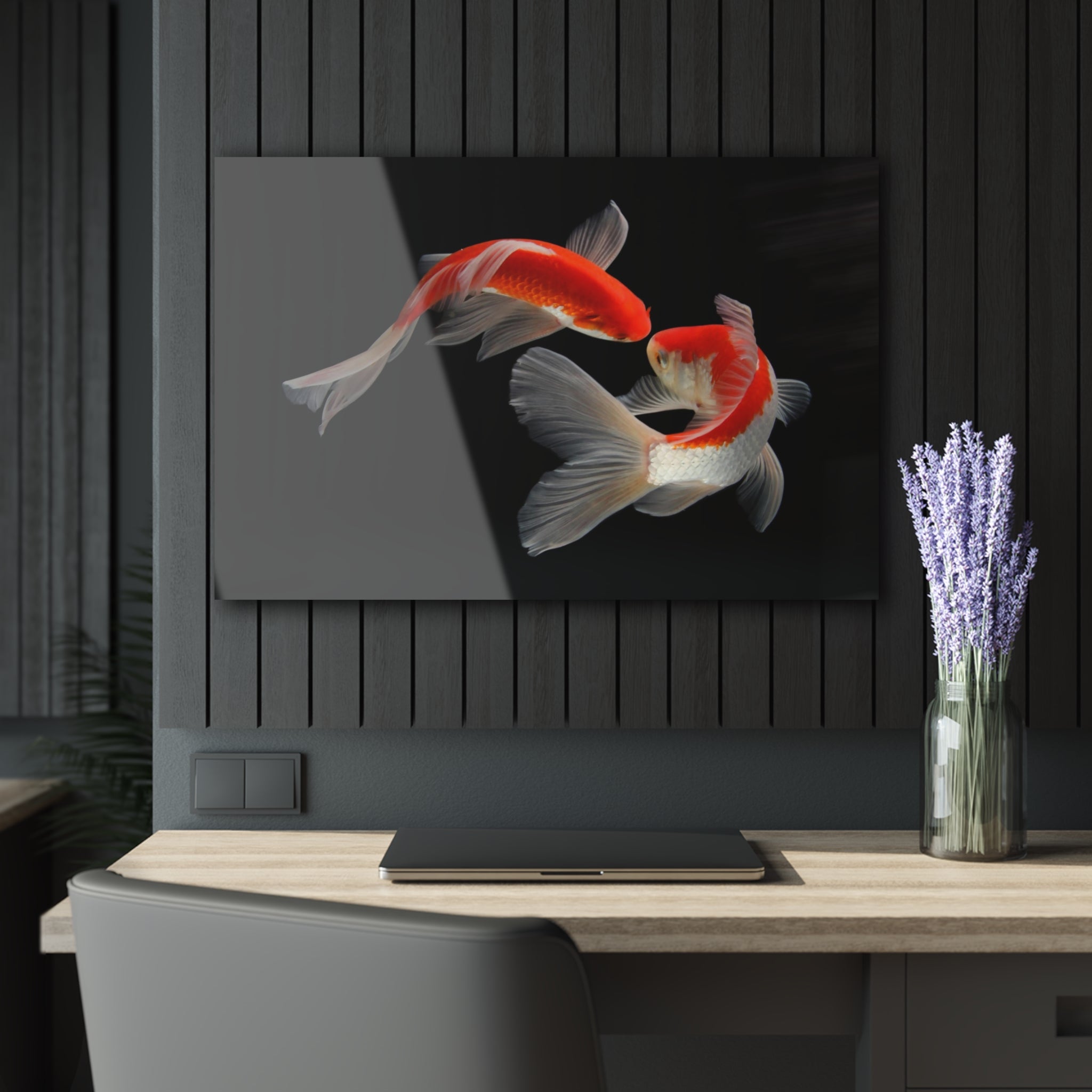 Colourful Betta fish black sea, glass wall art