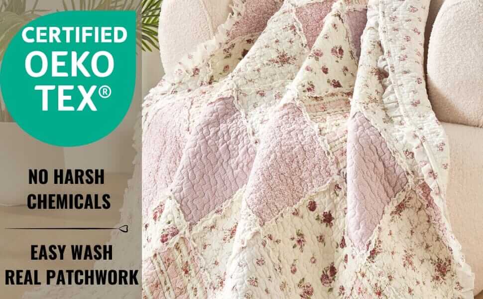 DaDalogy Cotton Patchwork Throw Blanket - Floral Cottage Quilted Reversible Blush Pink & Cream Shabby Chic Botanical Ruffle Design - Vintage Garden Rose Pastel Accents - 50 x 60