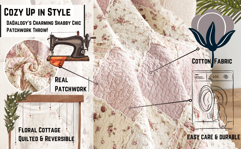 DaDalogy Cotton Patchwork Throw Blanket - Floral Cottage Quilted Reversible Blush Pink & Cream Shabby Chic Botanical Ruffle Design - Vintage Garden Rose Pastel Accents - 50 x 60