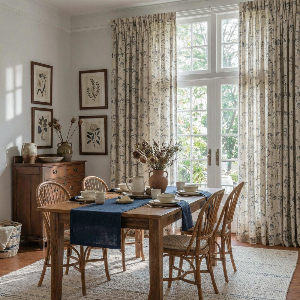 Cordelia Black Floral Faux Linen Printed Curtains