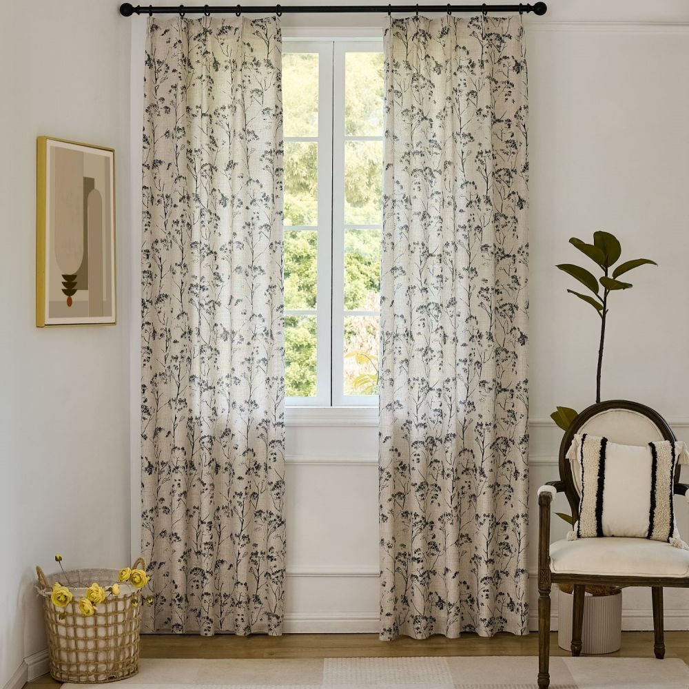 Cordelia Black Floral Faux Linen Printed Curtains