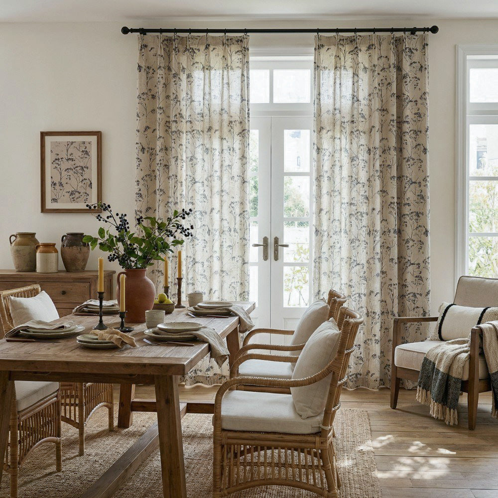 Cordelia Black Floral Faux Linen Printed Curtains
