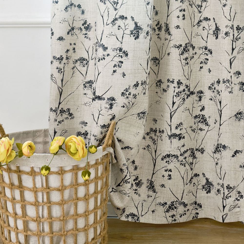 Cordelia Black Floral Faux Linen Printed Curtains