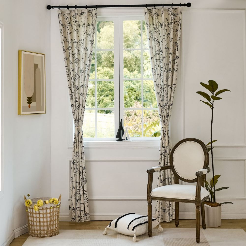 Cordelia Black Floral Faux Linen Printed Curtains