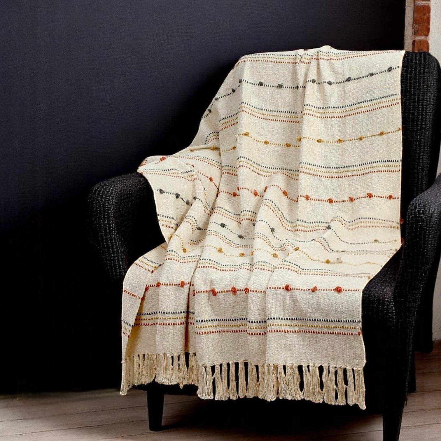 Hand Woven Cream Throw Blanket Striped with Tufts and Tassels