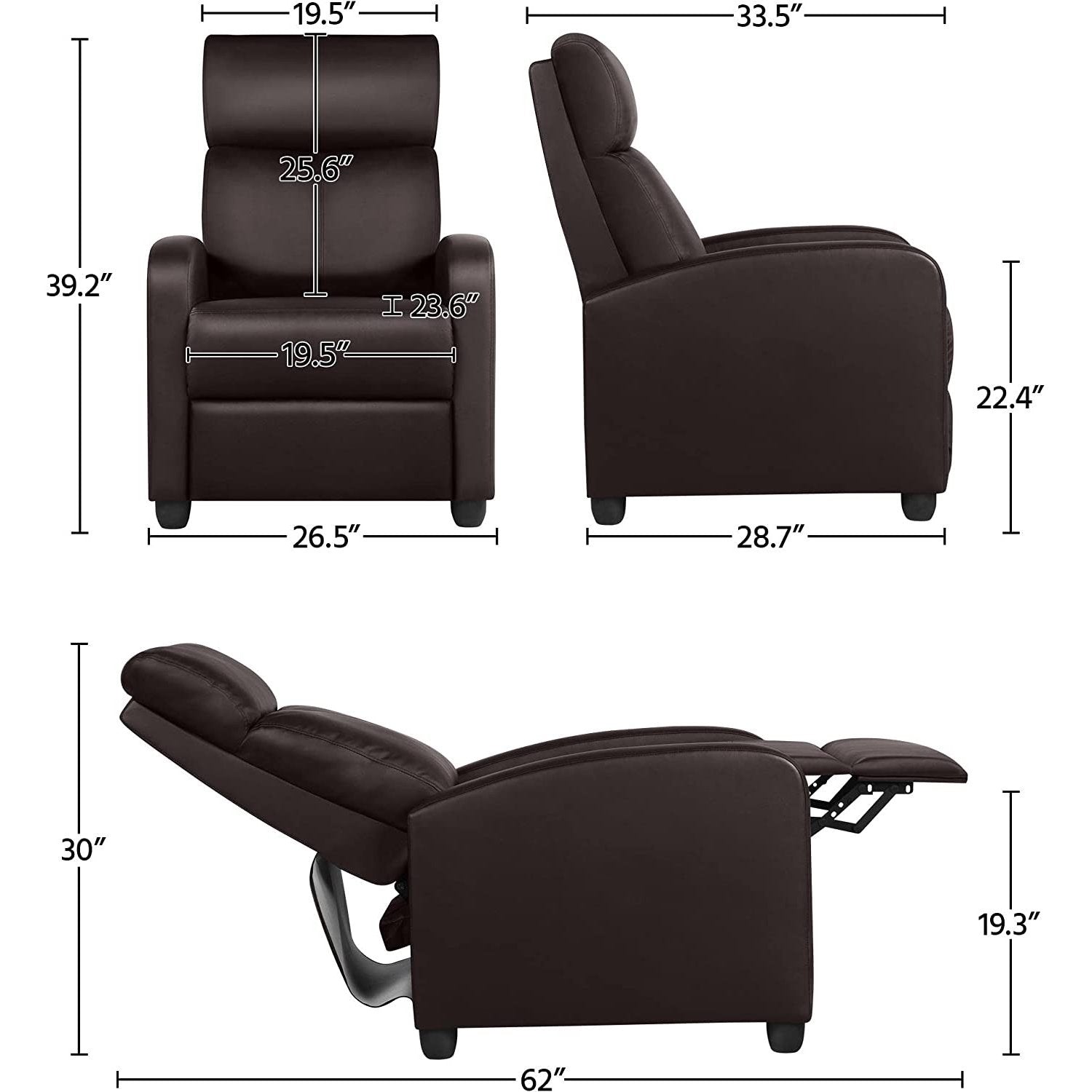 Dark Brown High-Density Faux Leather Push Back Recliner Chair-2