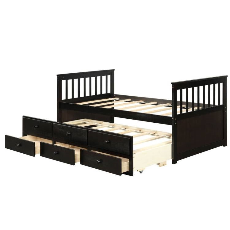 Twin Captains Bed with Pull Out Trundle and 3 Storage Drawers - Dark Brown Mocha-1