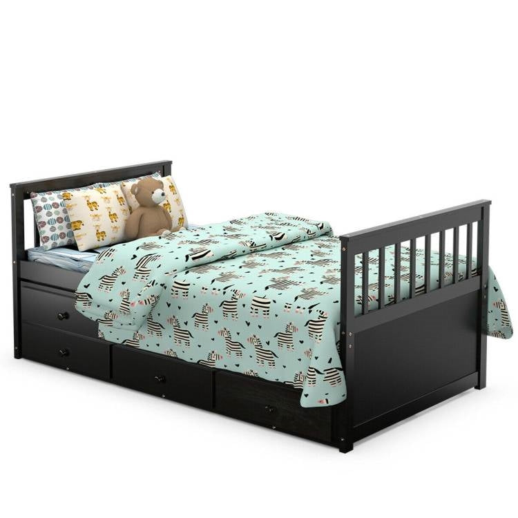 Twin Captains Bed with Pull Out Trundle and 3 Storage Drawers - Dark Brown Mocha-2