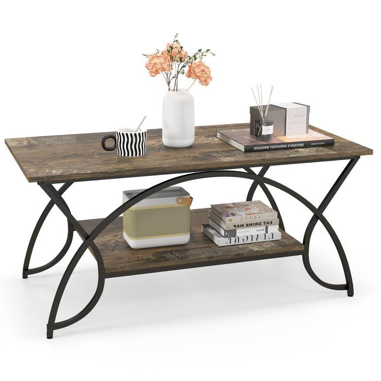 Rustic Farmhouse 2 Tier Brown Wood Coffee Table with Curved Metal Legs-0