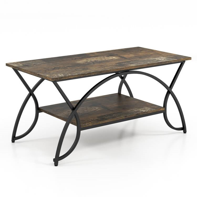 Rustic Farmhouse 2 Tier Brown Wood Coffee Table with Curved Metal Legs-1