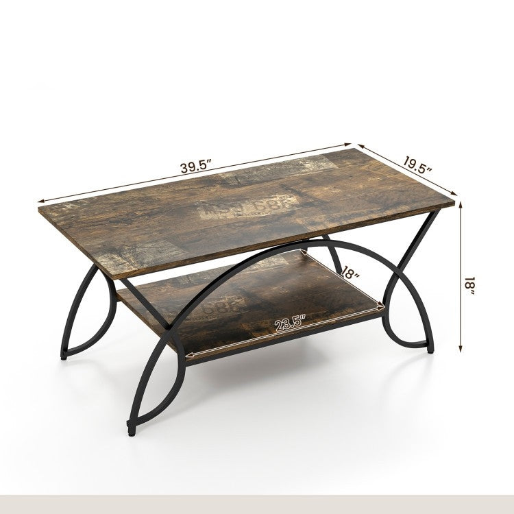 Rustic Farmhouse 2 Tier Brown Wood Coffee Table with Curved Metal Legs-4